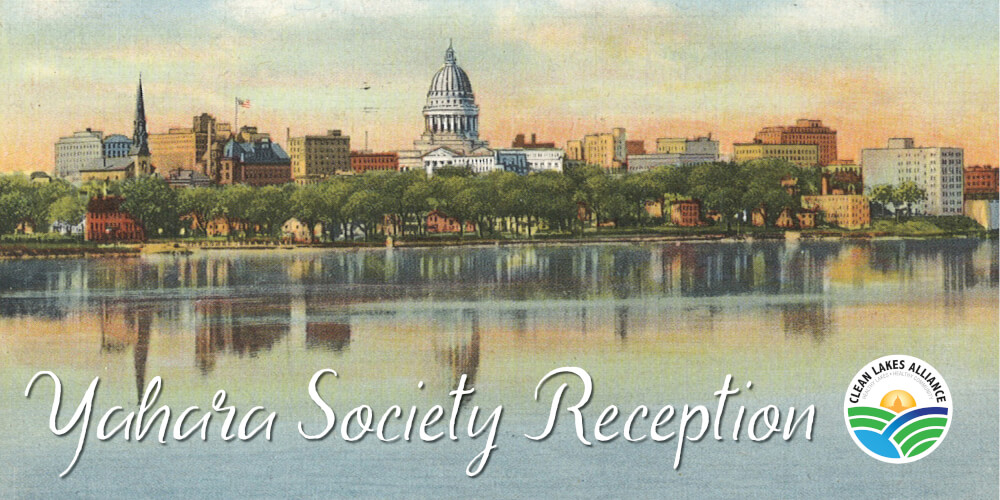 Yahara Society Reception over postcard of Madison and Lake Monona