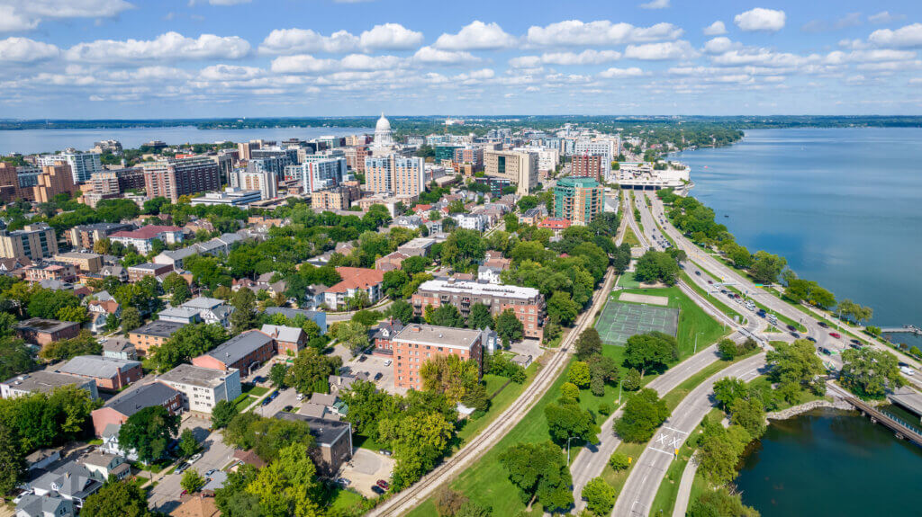 Madison's Isthmus, shown between Lake Mendota (left) and Lake Monona (right) Photo courtesy Robert Bertera