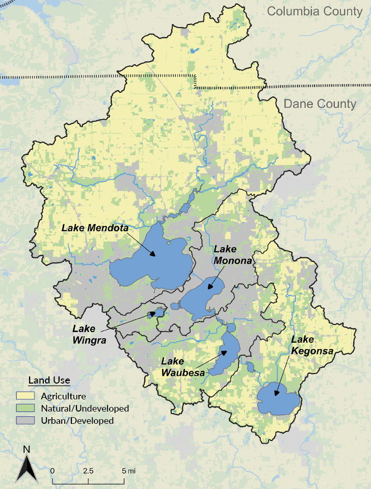 Figure 1: Yahara Lakes Watershed showing land area that drain directly to each lake. Yellow denotes agricultural areas that comprise most of the 385-square-mile watershed.