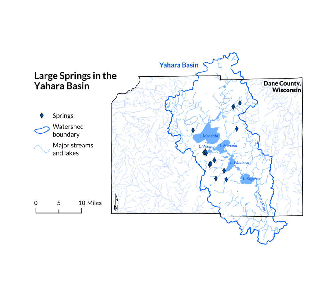 Map of large springs in Wisconsin that flow at a rate of approximately 110 gallons per minute or more.