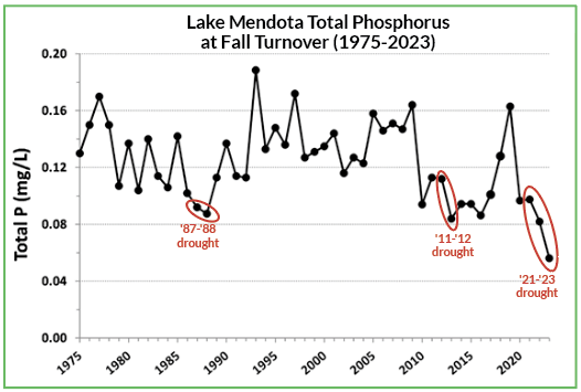 Figure 6: Lake Mendota total phosphorus concentrations at fall turnover measured at the lake surface. Credit: Richard Lathrop, UW-Madison Center for Limnology.